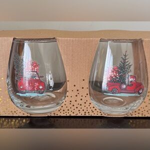 Set of 2 Stemless Christmas Red Truck Wineglasses by TMD